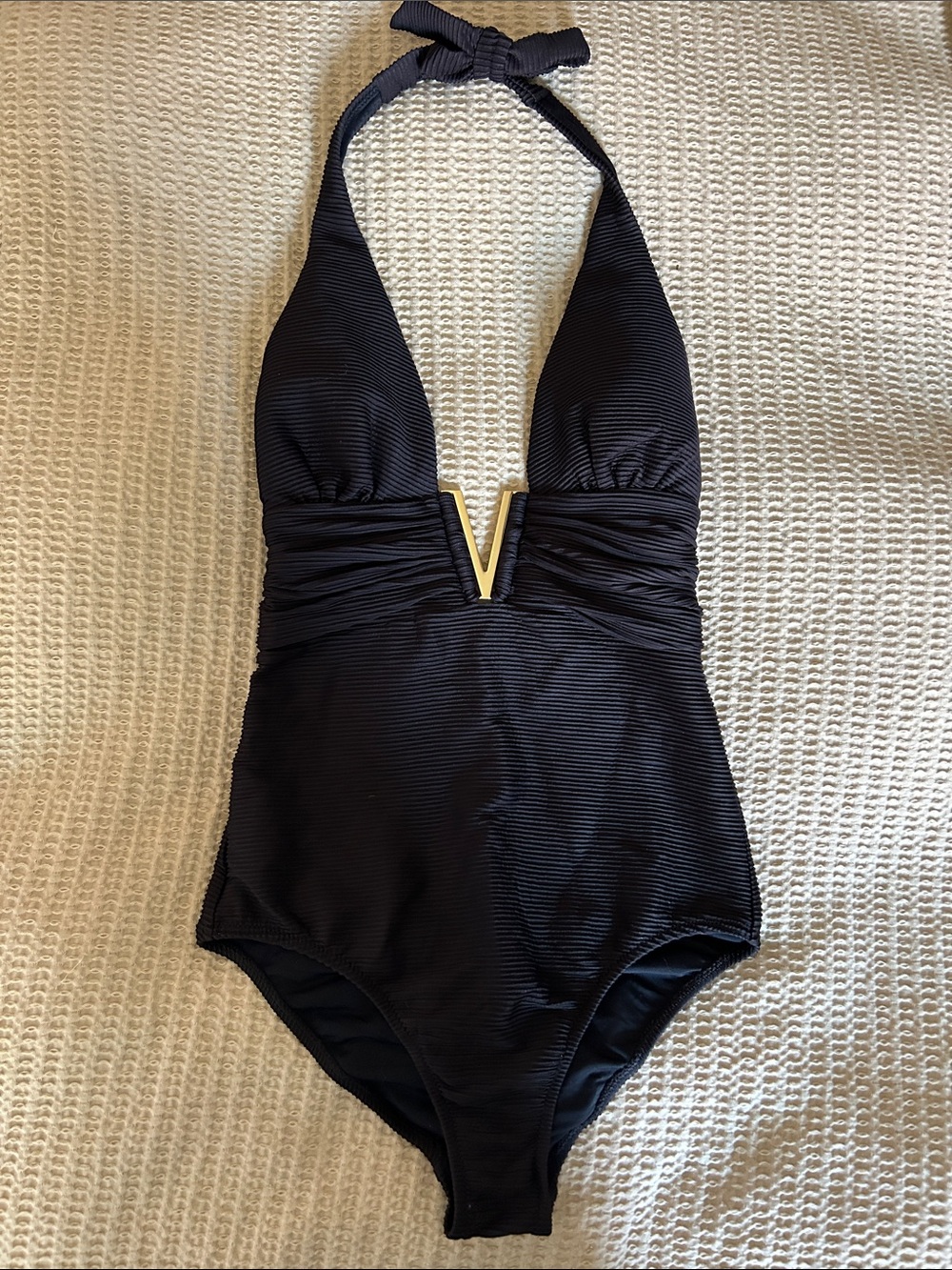 NWOT Heidi Klein- Sz M- Black One-Piece Halter Swimsuit with Gold V Accent